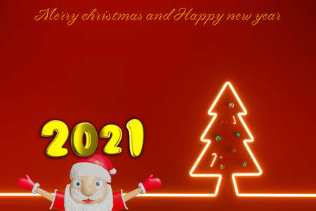 Merry Christmas and Happy New Year With Santa clause and Glowing The pine tree   for  text, banner, WEB on RED background  .3D illustration.の写真素材