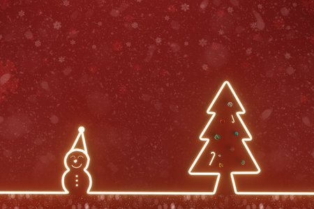Merry Christmas and Happy New Year With Glowing The pine tree  and snowman   for  text, banner, WEB on RED background  .3D illustration.の写真素材