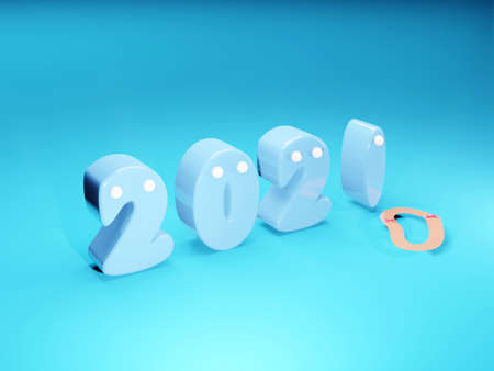 2021 new year concept. 2021 new year text blue color  on blue background. 3d rendering.の写真素材