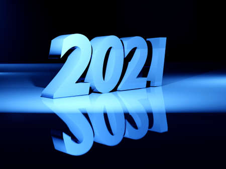 2021 new year concept. 2021 new year text blue color  on blue background. 3d rendering.の写真素材