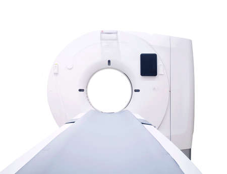 Front view of multi detector CT Scanner ( Computed Tomography ) isolated on white background.