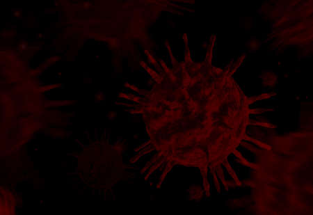 RED coronavirus COVID-19 under the microscope isolated on red blurred virus  background , for background 3d illustration.の写真素材
