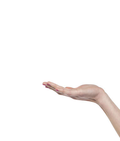 Close up woman hand holding something like a bottle or can isolated on white background with clipping path.の写真素材