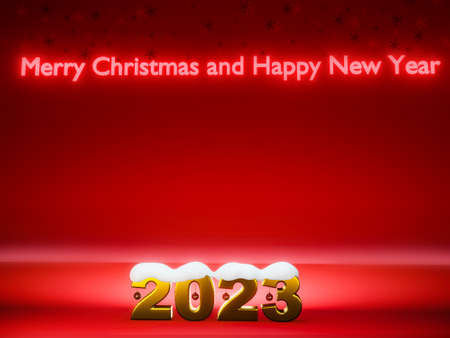 Happy New Year 2023. golden number 2023 on a red background with snow .3D rendering.