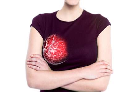 breast cancer awareness  against woman for fight against breast cancer ,Mammogram image on the Right side  chest of woman.の写真素材