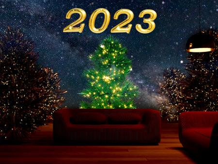 Merry Christmas and New Year background 3D rendering. Xmas pine fir lush tree and A red furniture ....