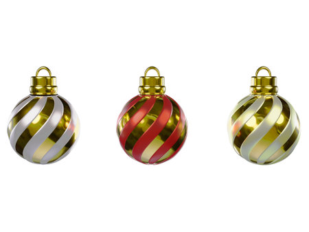 Realistic hanging christmas balls 3d redndering xmas decoration Isolated on white background. Clipping path.の写真素材