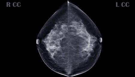 X-ray Digital Mammogram or mammography of both side breast CC view showing benign tumor BI-RADS 2 should be checked once a year.の写真素材