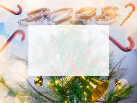Christmas background 3D rendering with spruce branches, pine cones and bell on snow white  background.の写真素材