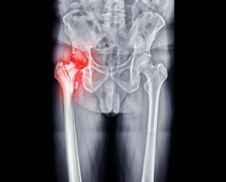 x-ray Both hip  ap view showing Right hip replacement or hip prosthesis made from titanium .の写真素材