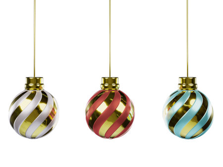 Realistic hanging christmas balls 3d redndering xmas decoration Isolated on white background. Clipping path.の写真素材