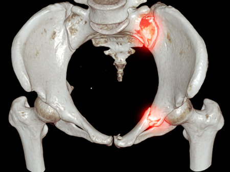 CT Scan pelvic bone with both hip joint 3D rendering  showign fracture of sacrum and superior pubic rumus.の写真素材