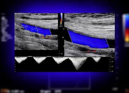 A carotid artery Doppler ultrasound is a diagnostic test used to check the arteries in the neck for diagnosis  any blockage in the veins by a blood clot or âthrombusâ formation.の写真素材