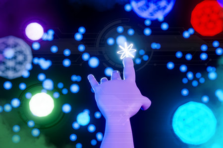 View of a Cyborg robot hand on a city glowing background 3d rendering for Artificial intelligence background concept.の写真素材