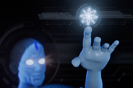 View of a Cyborg robot hand on a city glowing background 3d rendering for Artificial intelligence background concept.の写真素材