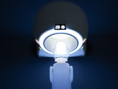 Top view of MRI SCANNER - Magnetic resonance imaging  device in Hospital 3D rendering  . Medical Equipment and Health Care background.の写真素材