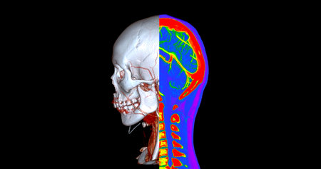 CT angiography of the brain or CTA brain and neck Sagittal view 3D Rendering image fusion color mode . medical technology concept.の写真素材