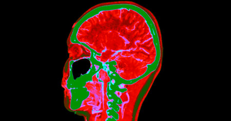 CT angiography of the brain or CTA brain and neck Sagittal view 3D Rendering image fusion color mode . medical technology concept.の写真素材