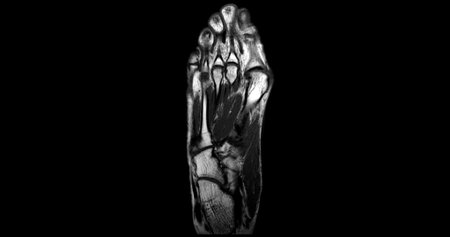 MRI FOOT scan Coronal view T2 technique   for diagnostic tendon injury.の写真素材