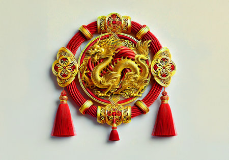 A luxurious Chinese golden dragon ornament interwoven with vibrant red threads, showcasing detailed craftsmanship and cultural heritage Designed using generative AI.の写真素材