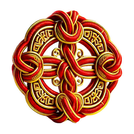 A 3D-rendered decorative knot featuring interwoven red threads and golden accents in a symmetrical floral design, isolated on white background. Clipping path included. Created using generative AI.の写真素材