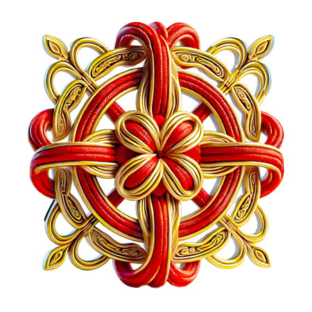 A 3D-rendered decorative knot featuring interwoven red threads and golden accents in a symmetrical floral design, isolated on white background. Clipping path included. Created using generative AI.の写真素材