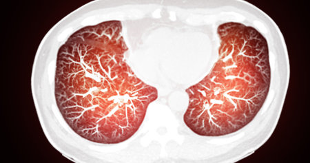 CT Chest Scan Overview  shows clear lung fields, heart, and mediastinum, providing a detailed view of the thoracic anatomy for medical evaluation.の写真素材