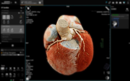 Realistic 3D Heart CTA Scan:
A detailed CTA scan showing the coronary arteries and heart structure, providing a comprehensive view for clinical evaluation.の写真素材