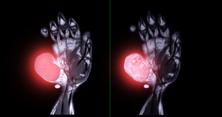 MRI of Hand with Tumor Detection:
The image reveals a prominent, enhancing mass on the hypothenar region of the palm, aiding in tumor evaluation and diagnosis.の写真素材