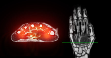 MRI Imaging of Hand Lesion:A clear view of the handâs subcutaneous lesion is captured in this MRI footage, aiding in the identification and assessment of infiltrative conditions.の写真素材