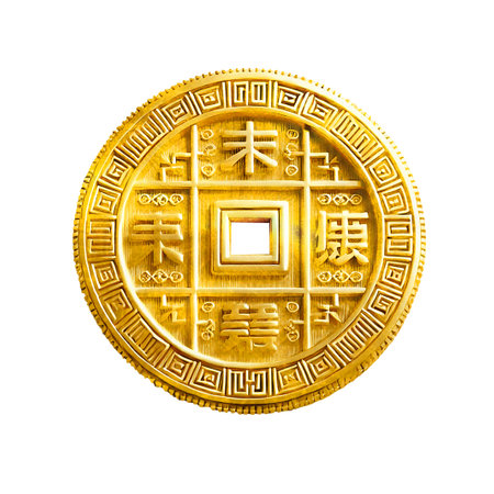 A 3D-rendered Chinese gold coin with intricate traditional patterns and a square cutout center, isolated on white background. Clipping path included. Designed using generative AI for cultural themes.の写真素材