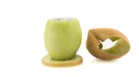 sliced Kiwi fruit isolated on white background cutout juiceの写真素材