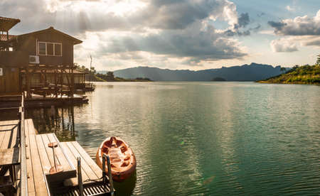 landscape mountains and water view in sunset  sky, in kanchanaburi,thailand.の写真素材