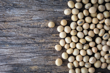 Soy beans on wood backgroundの写真素材