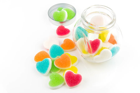 Heart candies coated with sugar, heart colorful sweet candies, sugar heart shaped candy 14 februaryの写真素材