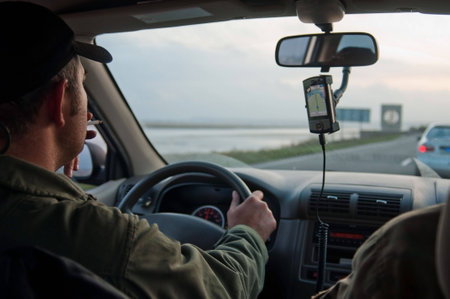 Driving, smoking, GPSの写真素材