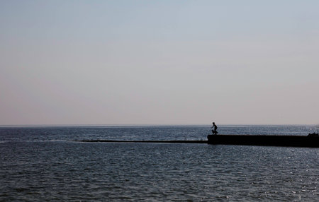Boy with his dog on a pier looking for somethingの写真素材