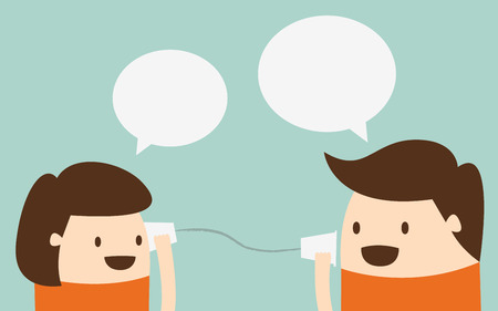 Young boy and girl talking with cup telephoneのイラスト素材