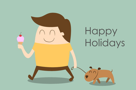 Happy man walking a dog, happy holidaysのイラスト素材