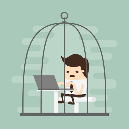 Bored businessman working in birdcageのイラスト素材