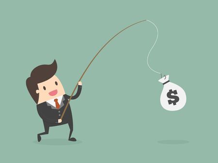 Businessman Catching Money With Fishing Rod. Business Concept Cartoon Illustration.のイラスト素材