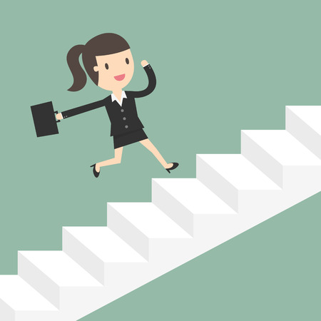 Growth. Business Woman Running Up Stairs. Business Concept Cartoon Illustration.のイラスト素材