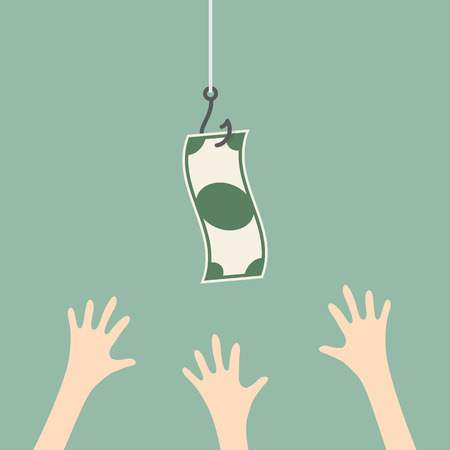 Incentive Trap. Hands Reaching Out To Get Money On The Fish Hook. Business Concept Illustration.のイラスト素材