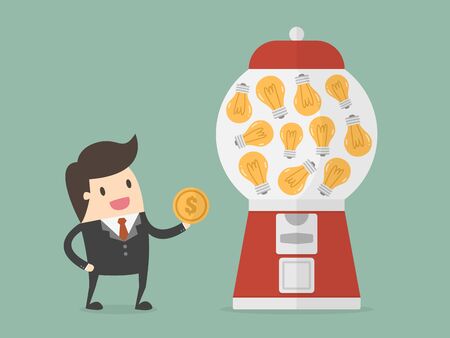 Businessman holding a coin beside a light bulb vending machineのイラスト素材