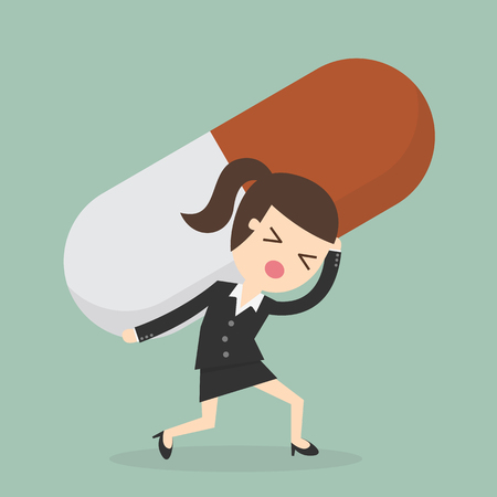 Woman holding large capsule pill.のイラスト素材