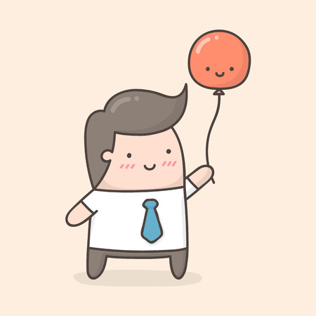 Young man holding red balloon. Cute cartoon illustration.のイラスト素材