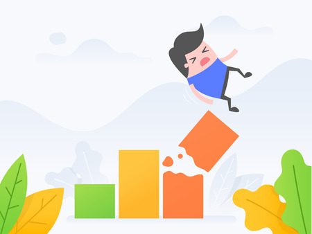 Vector illustration concept of business crisis. Young man falling from broken growth chart.のイラスト素材