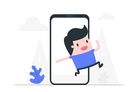 Young man jumping out of a smartphone. Business Concept Illustration.のイラスト素材