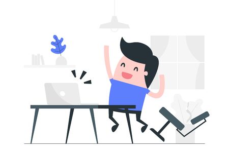 Happy young man student excited and jumping at his home office.のイラスト素材