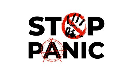 Stop panic grunge stamp with black hand print and red prohibited sign and red barbed wire anarchy symbol on white background. Coronavirus concept sign with text - stop panic. Vector illustrationのイラスト素材